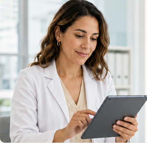 A dietitian reviewing patient information on a tablet.